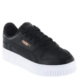 Championes Puma Carina Street Plataforma, color negro con detalles en dorado y suela blanca. Confeccionados en material sintético imitación cuero, tienen cordones y una suela de goma duradera y antideslizante.