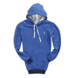 Canguro azul con rayas horizontales negras, capucha con cordones blancos y bolsillo tipo canguro.