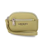Monedero de mano con diseño rectangular y textura granulada, marca Lincoln's. Cuenta con cierre perimetral, bolsillo frontal con cierre y correa de muñeca integrada.