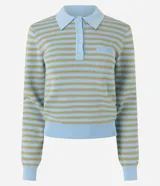 Blusa de tricot estilo retro con diseño a rayas en jacquard, manga larga, cuello polo con botones y bolsillo aplicado en el pecho.