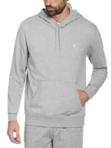 Buzo con capucha de tejido de punto gris melange, con bolsillo canguro frontal y logo bordado en el pecho.