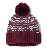 Gorro de lana con pompón, diseño de punto con patrones geométricos en tonos bordó y blanco. Cuenta con un borde acanalado y etiqueta de la marca Columbia.