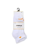 Medias cortas tipo soquete color blanco, con detalle de logo triangular en naranja en la parte superior y marca Caterpillar en la puntera. Cuentan con suela acolchada y diseño acanalado en el arco y empeine.
