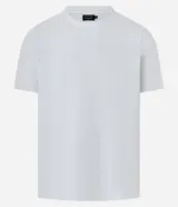 Remera slim de algodón negro con textura acanalada, cuello redondo y mangas cortas.