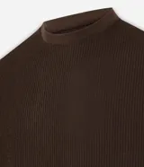 Remera masculina de manga corta, cuello redondo y color marrón oscuro, confeccionada en tejido acanalado de poliéster y algodón.