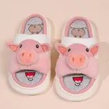 Pantuflas abiertas sin talón con diseño de chanchito, confeccionadas en material sintético suave, con suela de goma antideslizante.