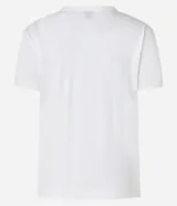 Remera de algodón blanca con cuello redondo y mangas cortas. Presenta una estampa frontal con la frase 'Too glam to give a damn' decorada con strass rosados y detalles de pliegues en los hombros.