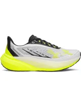 Championes de running Under Armour Velociti Distance, modelo con capellada de malla transpirable en color blanco y gris, con detalles y suela en tono amarillo flúor y negro.