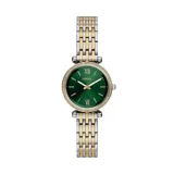Reloj Fossil para mujer, modelo Carlie, con caja redonda dorada con borde de strass, esfera verde con agujas doradas y números romanos en dorado a las 12 y a las 6. La pulsera es de acero inoxidable combinada en plateado y dorado.