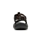 Sandalia deportiva Merrell de color negro, con tiras de tejido reciclado, sistema de ajuste con cordón elástico en el talón y suela de goma con relieve para mayor tracción.
