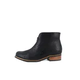 Botín negro de cuero con textura tipo reptil, cierre frontal con cremallera y taco de madera.