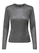 Top de manga larga con cuello redondo y ajuste regular, confeccionado en tejido acanalado con acabado metalizado brillante.