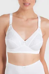 Soutien reductor clásico sin aro, color blanco, con detalle de encaje en la parte superior de la copa y breteles anchos regulables.