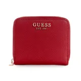 Billetera pequeña Guess Laurel con cierre de cremallera perimetral. Exterior de material sintético texturizado color rojo con logo metálico en relieve. Presenta un diseño compacto con separadores internos para tarjetas y un bolsillo interior.