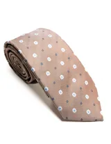 Corbata de seda azul marino con estampado paisley en tonos rosados y blancos.