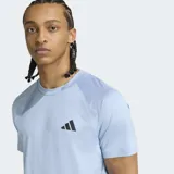 Remera deportiva Adidas de entrenamiento, color celeste claro, con corte ajustado, cuello redondo y mangas raglán. Presenta un pequeño logo de Adidas en color gris oscuro en el pecho.