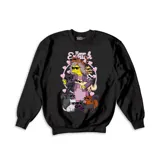 Buzo negro de cuello redondo y manga larga, con estampado frontal estilo cartoon que representa a una mujer rodeada de gatos con lentes de sol y corazones, bajo el texto Never Enough.