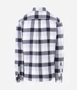 Camisa de franela para hombre, modelo comfort, con estampado de cuadros en tonos azules, blancos y negros, cuello camisero, manga larga y cierre frontal de botones.