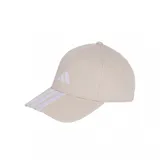 Gorra Adidas de color beige, con visera curva decorada con tres franjas blancas y el logo de la marca bordado en el frente.