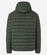 Campera puffer ultraligera de color beige, con diseño acolchado de gajos horizontales, capucha incorporada, cierre frontal y bolsillos laterales con cremallera. Confeccionada en poliamida con relleno de poliéster.