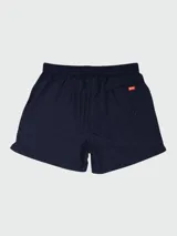 Short de baño para hombre marca Diesel, color azul marino, con cintura elástica ajustable mediante cordón y logo grande de Diesel en tono negro mate en la parte inferior frontal.