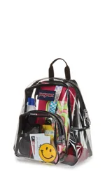 Mochila mini transparente de la marca JanSport con ribetes y correas en color lila pastel. Cuenta con un compartimento principal y un bolsillo frontal con cierre.