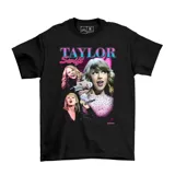 Remera negra de algodón con estampado estilo vintage bootleg de Taylor Swift, con imágenes de la artista y tipografía en tonos rosados y celestes.