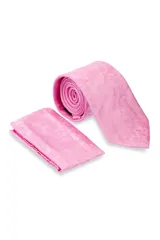 Corbata rosa con diseño floral y pañuelo de bolsillo a juego.