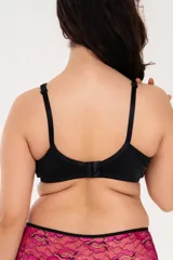 Soutien reductor sin aro, confeccionado en lycra y puntilla bicolor fucsia y negro. Breteles anchos regulables y broche en la espalda.