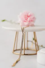 Collar largo dorado con cadena fina y dije colgante con doble tira de strass.