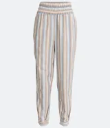 Pantalón recto de algodón con estampado de rayas verticales en tonos beige, celeste y marrón. Cuenta con cintura elástica y puños ajustados.