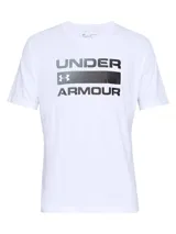Remera deportiva Under Armour para hombre, color blanco, de corte clásico y mangas cortas. Presenta el logo de la marca en el pecho en color negro.