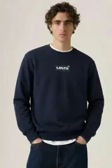 Buzo de cuello redondo Levi's en color azul marino, con el logo de la marca estampado en el centro del pecho. Presenta puños y ruedo acanalados.