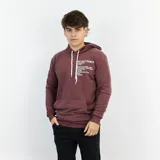 Canguro bordó con capucha y cordón beige, con estampa de letras blancas en el frente.