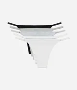 Kit de cinco bombachas tipo colaless confeccionadas en algodón con elastano. Presentan laterales finos ajustables y un pequeño lazo decorativo en el frente. El set incluye colores variados como negro, gris melange, blanco y tonos neutros.