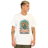 Remera blanca de algodón con estampa en el frente de un portal con el logo de Volcom y la frase 'Embrace the Strange'.