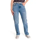 Jeans de corte recto y tiro alto, confeccionados en denim con lavado desgastado. Presentan diseño clásico de cinco bolsillos, cierre con cremallera y detalles de marca en remaches y parches traseros.