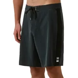 Boardshort negro de largo medio (19 pulgadas), con cierre frontal de velcro y cordón ajustable. Presenta un acabado ligeramente desgastado o lavado.