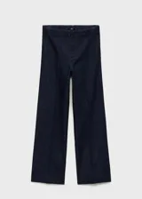Pantalón wide leg de tiro alto en tejido de algodón estilo denim, color azul marino, con trabillas, cuatro bolsillos y cierre oculto con botón, gancho y cremallera.