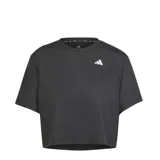 Remera deportiva Adidas Train Essentials para mujer, de color negro, corte cropped y mangas cortas, con logo de la marca estampado en el pecho.