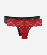 Pack de dos bombachas tipo bikini de encaje, una roja y otra negra, con moño decorativo en el centro.
