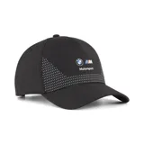 Gorra de béisbol negra con detalles gráficos de puntos blancos en los laterales y logo de BMW Motorsport estampado en el frente.