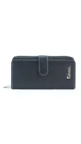 Billetera larga color negro de símil cuero con pespuntes blancos a contratono, cierre frontal con presilla y broche a presión, además de compartimento posterior con cierre. Incluye placa metálica decorativa con la marca Lincoln's.