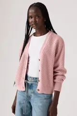 Cardigan de punto color rosado, con escote en V, cierre frontal con botones marrones y mangas largas con puños acanalados.