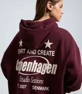 Buzo tipo hoodie color bordó, con corte oversized, capucha ajustable con cordones y bolsillo canguro delantero. Presenta un estampado gráfico pequeño en el pecho con tipografía estilo college.