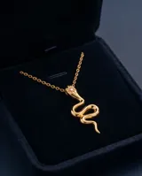 Collar de acero con baño de oro, compuesto por una cadena fina de eslabones y un dije en forma de serpiente con detalles brillantes en la cabeza.