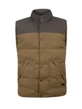 Chaleco acolchado bicolor de diseño puffer, con combinación de color marrón y gris oscuro en la parte superior. Presenta cuello alto, cierre frontal de broches a presión y amplios bolsillos frontales con solapa.