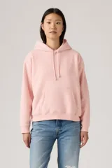 Buzo hoodie rosa con cordones ajustables y bolsillo tipo canguro.