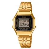 Reloj digital Casio Retro modelo LA680WGA-1DF, con caja rectangular y malla de acero inoxidable color dorado.