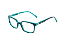 Armazón para lentes de acetato azul y verde agua, con forma rectangular y logo de Minions en la patilla.